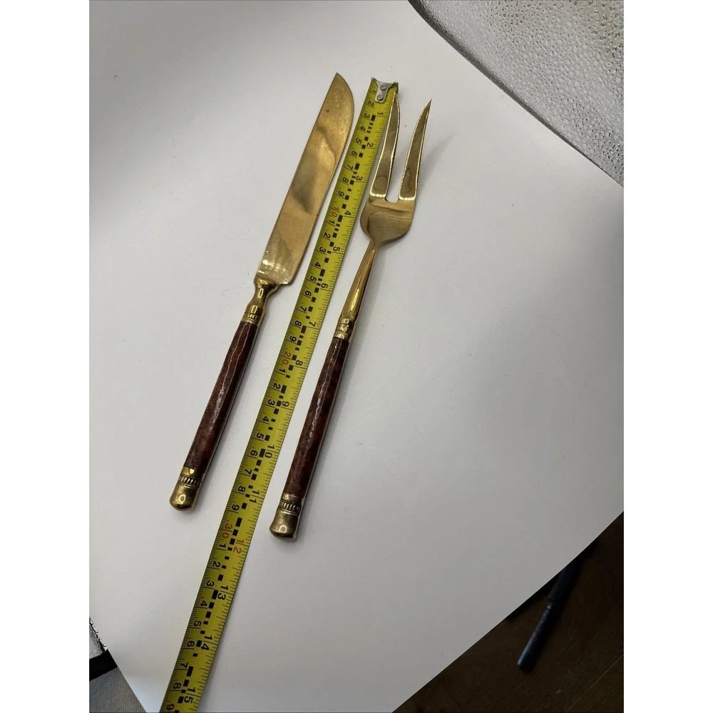 Vintage Burl wood handled‎ carving set. Gold tone.